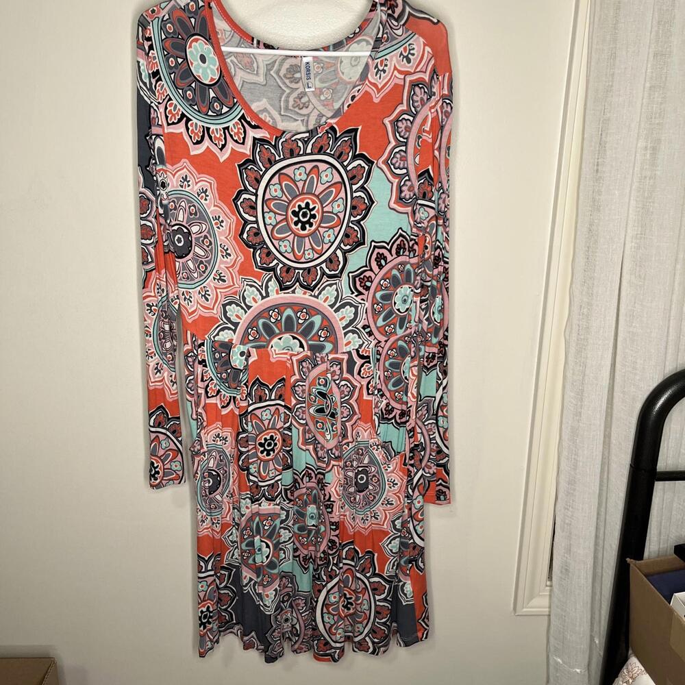 Korsis Women’s Dress Pleated Floral Stretch Long Sleeve Pockets Size Large